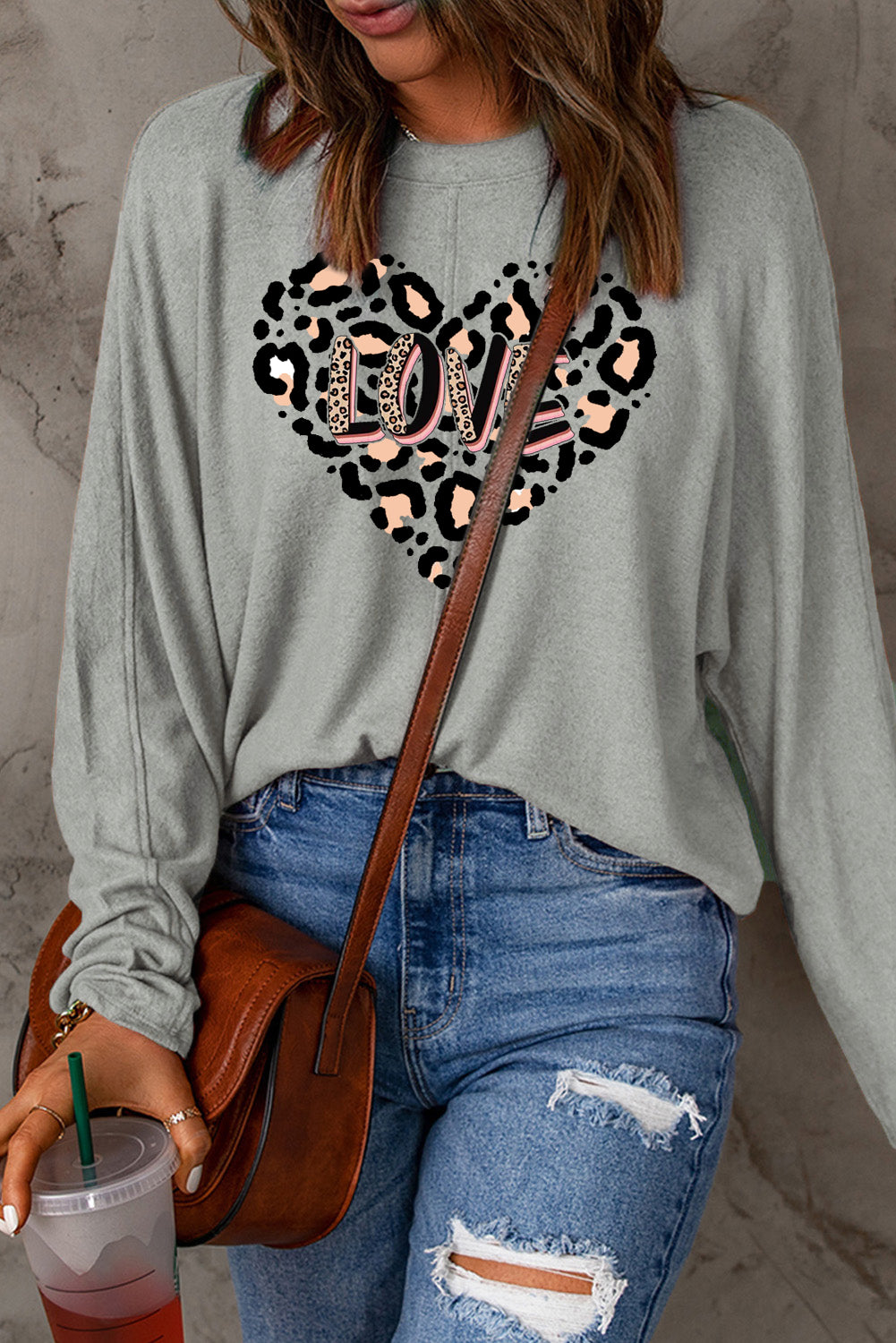 Leopard Heart LOVE Graphic Patchwork Long Sleeve Knit Top