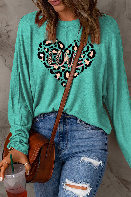 Leopard Heart LOVE Graphic Patchwork Long Sleeve Knit Top