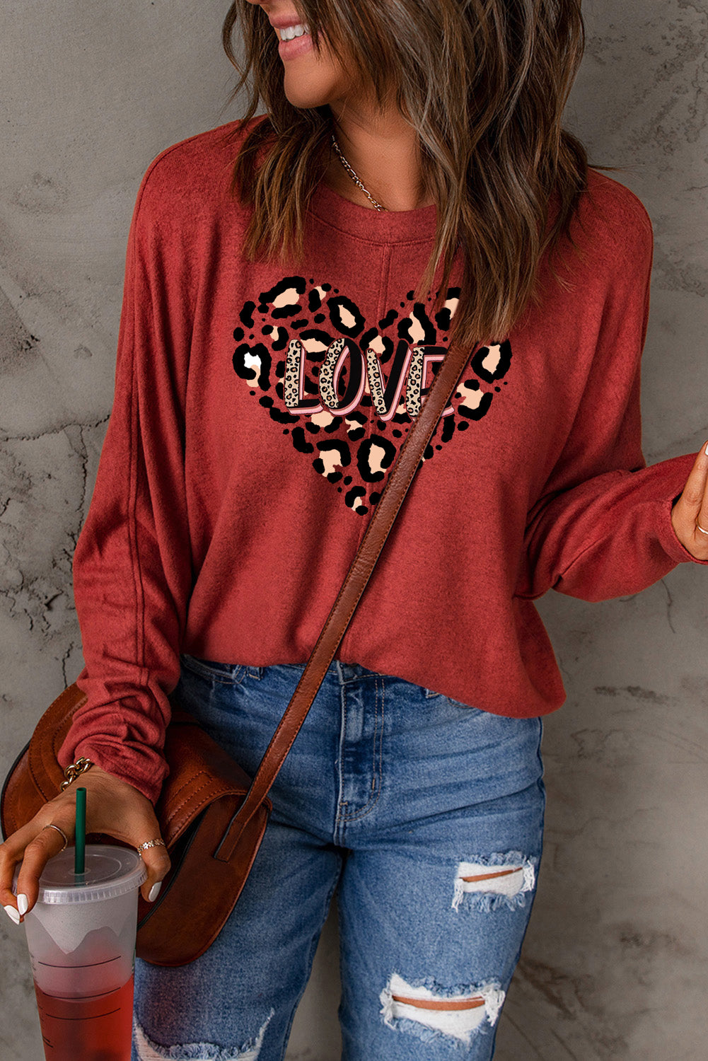 Leopard Heart LOVE Graphic Patchwork Long Sleeve Knit Top