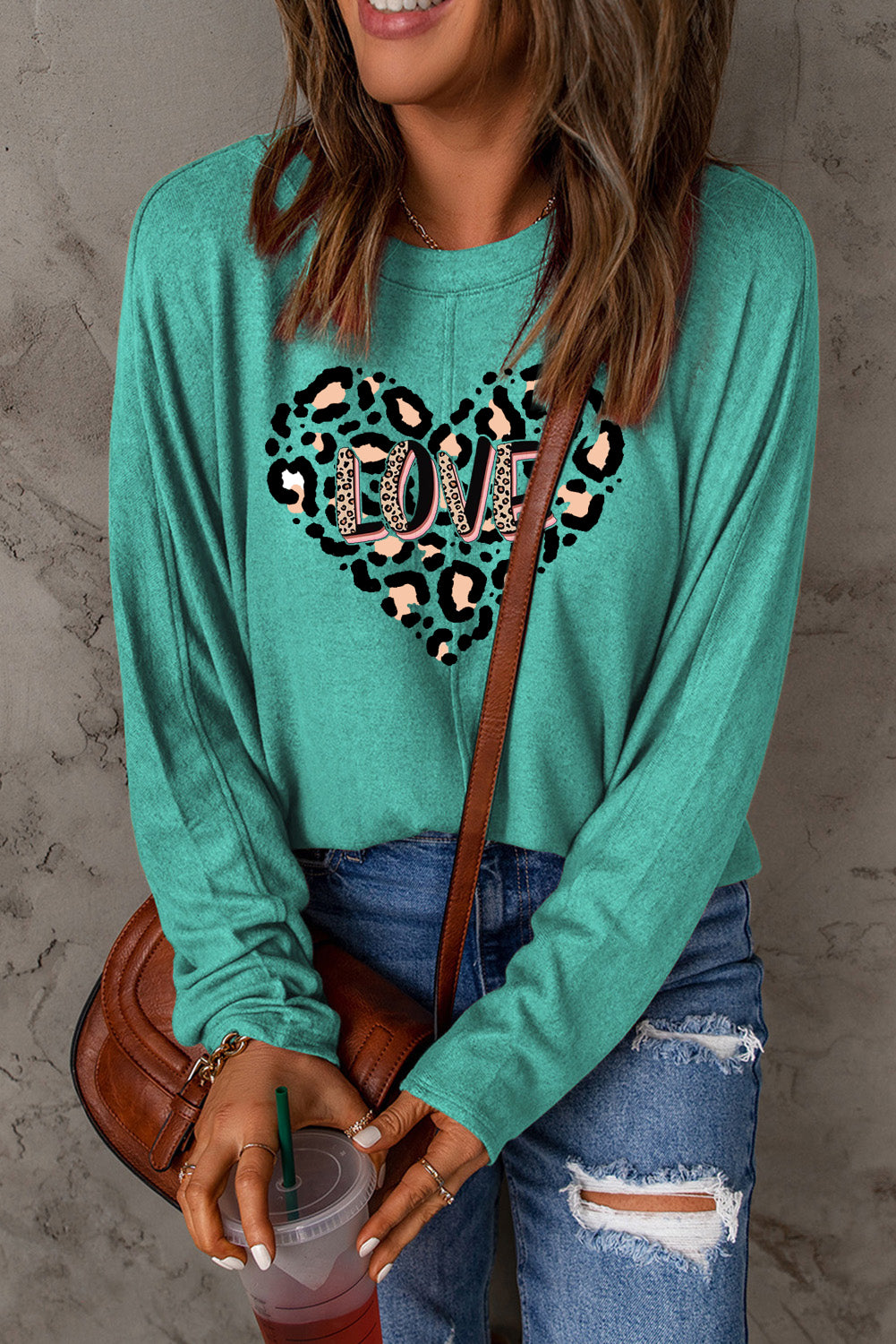 Leopard Heart LOVE Graphic Patchwork Long Sleeve Knit Top