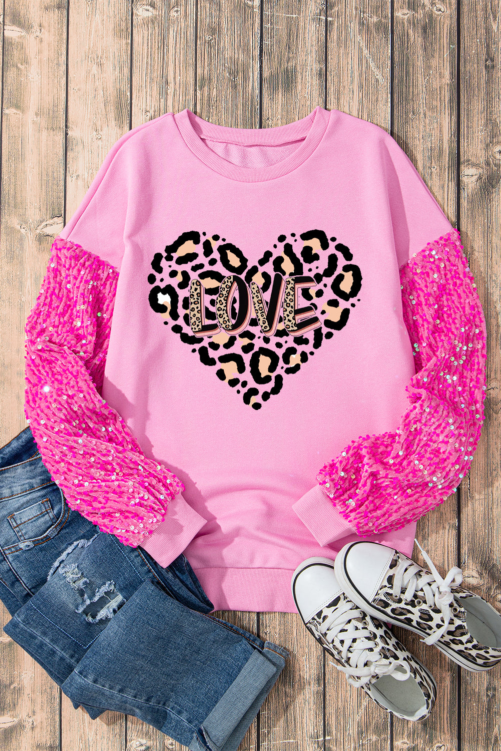 Valentine's Leopard Heart LOVE Graphic Patchwork Sleeve Pullover Shirt