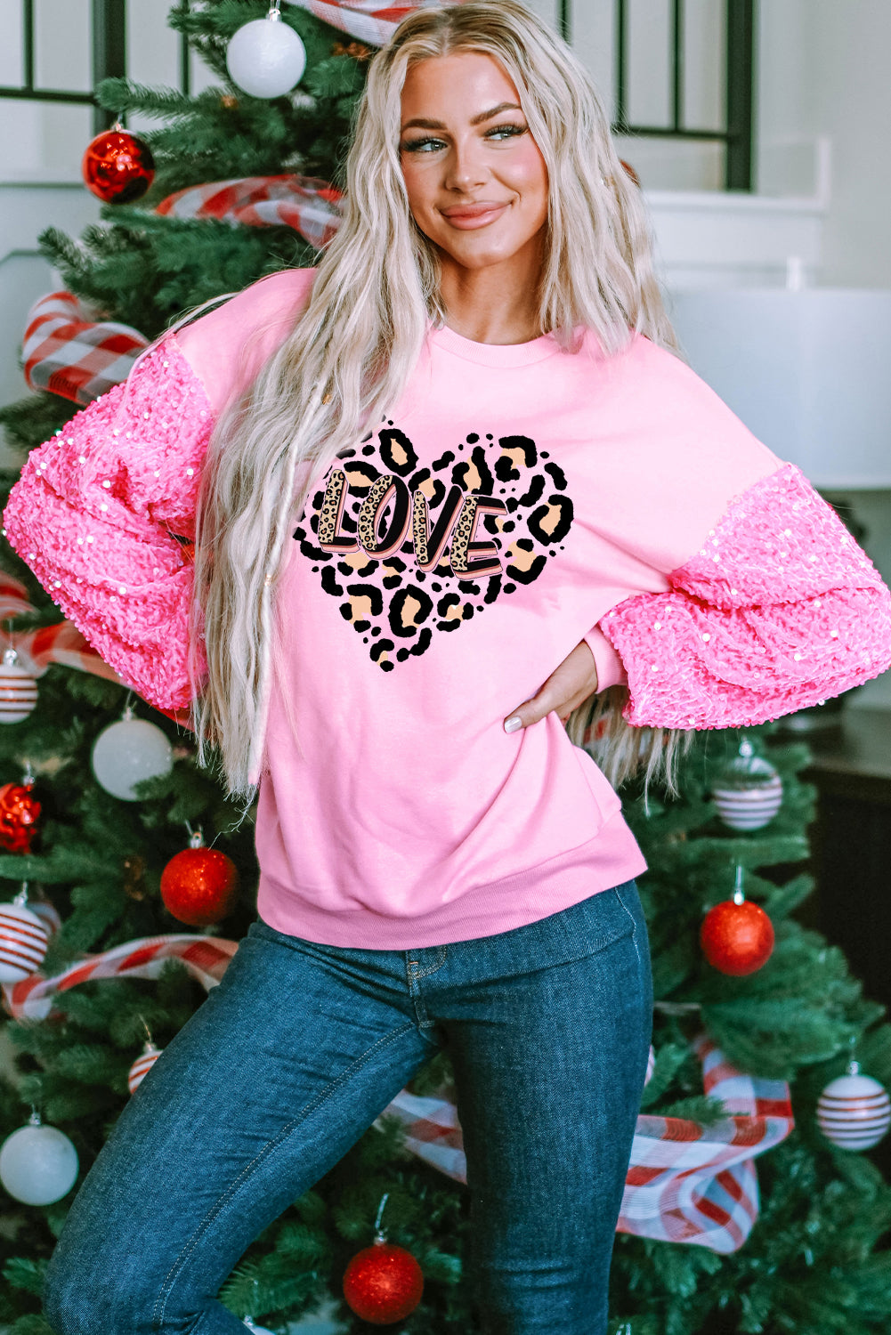 Valentine's Leopard Heart LOVE Graphic Patchwork Sleeve Pullover Shirt