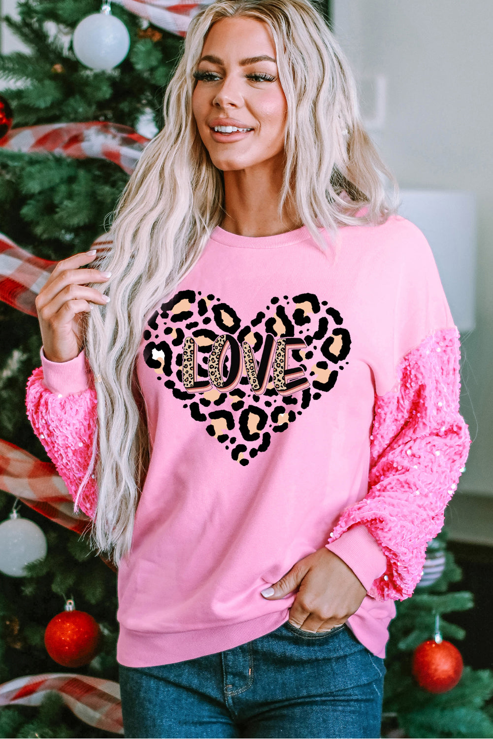 Valentine's Leopard Heart LOVE Graphic Patchwork Sleeve Pullover Shirt