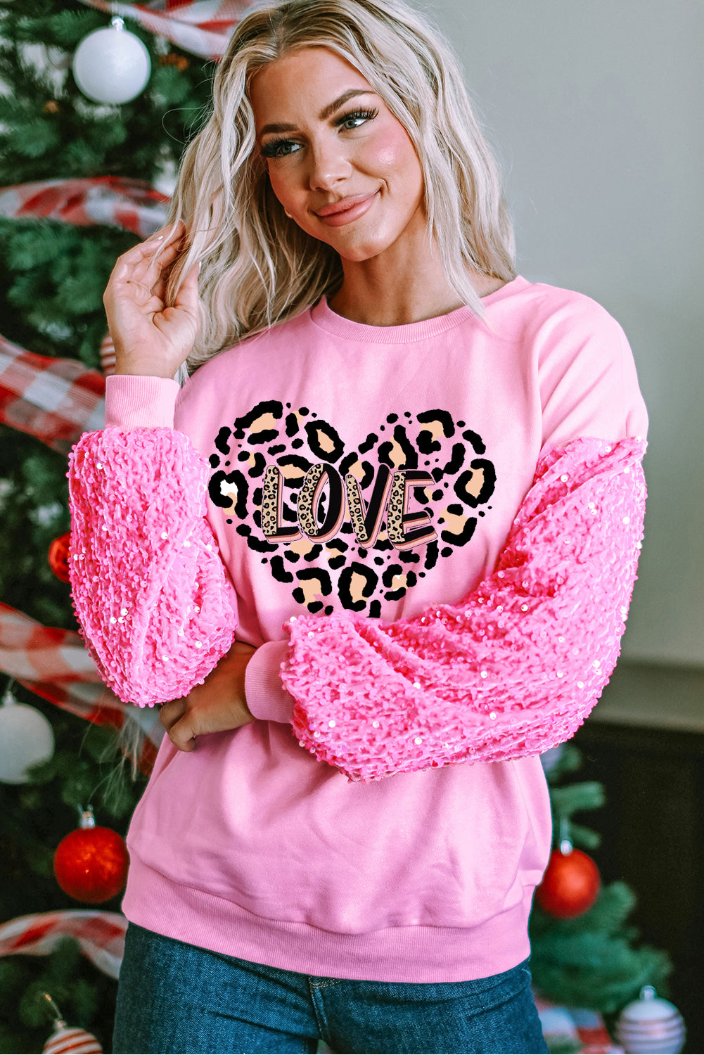 Valentine's Leopard Heart LOVE Graphic Patchwork Sleeve Pullover Shirt