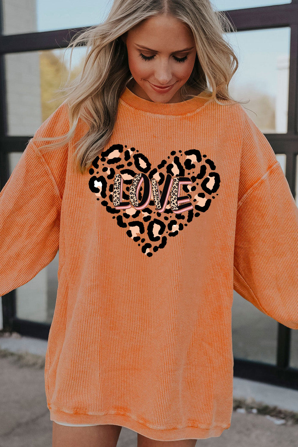 Leopard Heart LOVE Graphic Ribbed Corduroy Oversized Sweatshirt