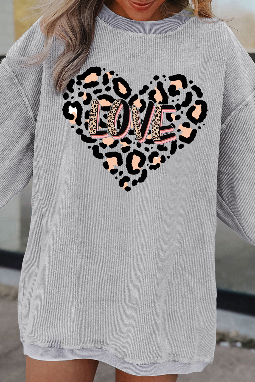 Leopard Heart LOVE Graphic Ribbed Corduroy Oversized Sweatshirt