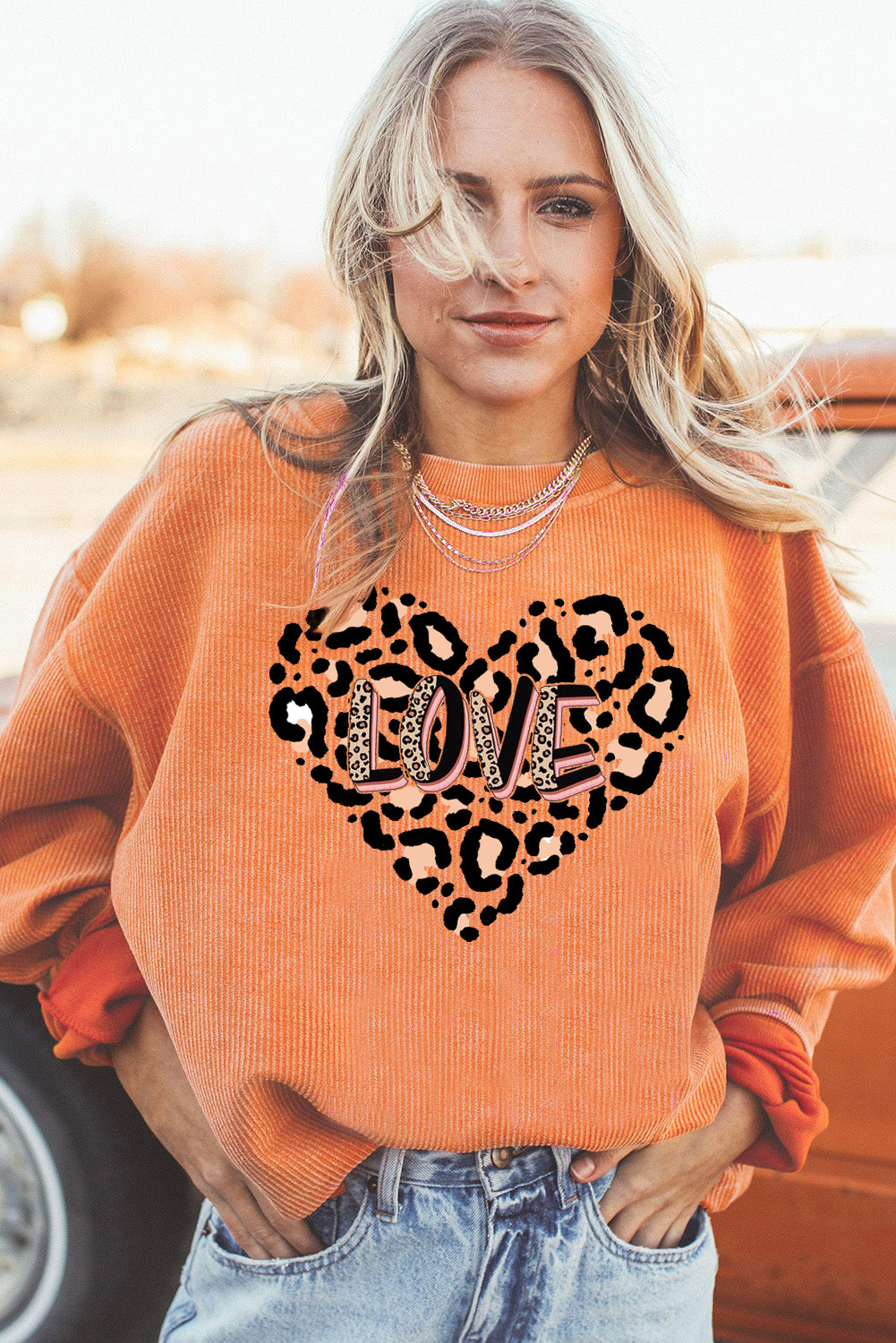 Leopard Heart LOVE Graphic Ribbed Corduroy Oversized Sweatshirt