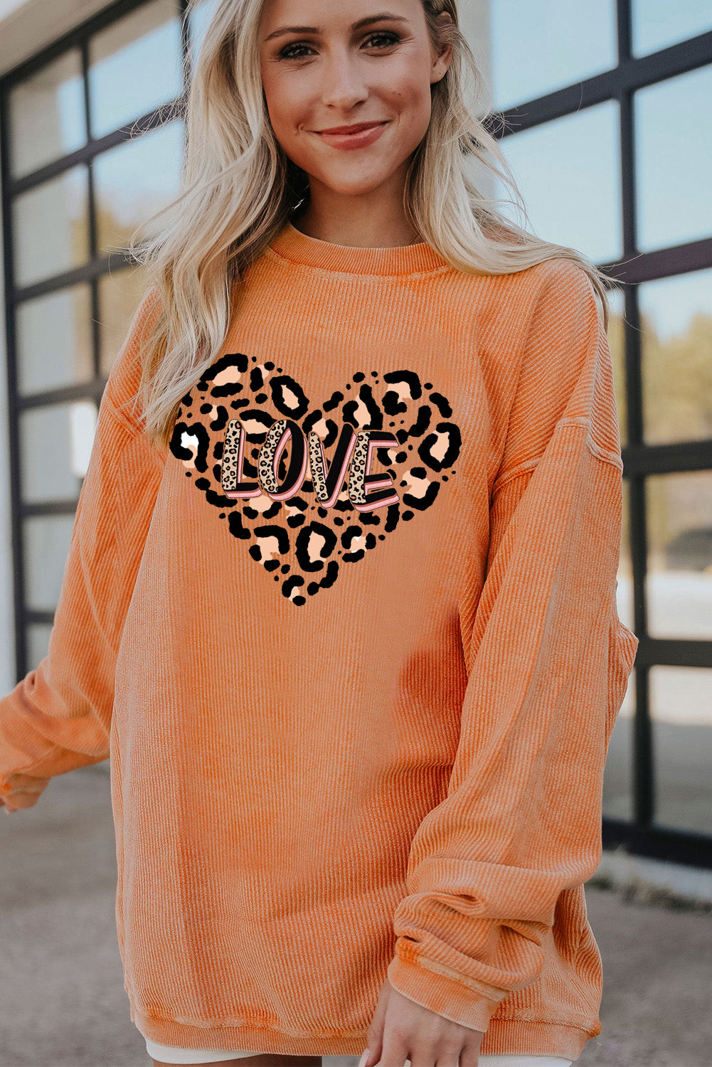 Leopard Heart LOVE Graphic Ribbed Corduroy Oversized Sweatshirt