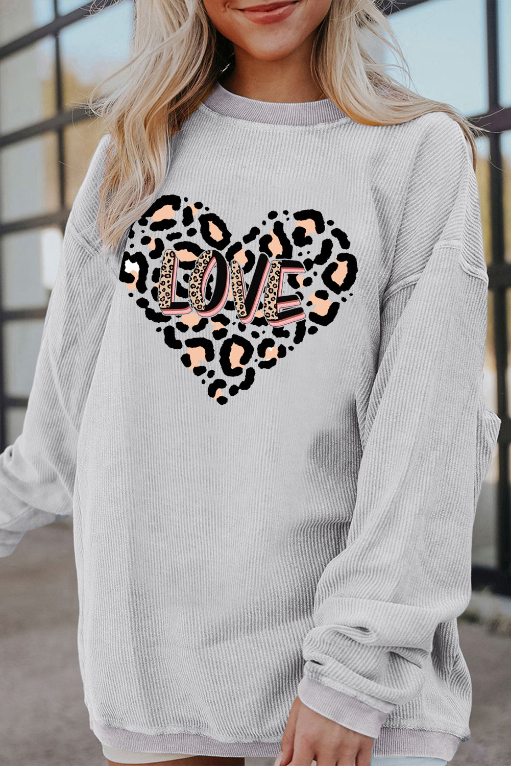 Leopard Heart LOVE Graphic Ribbed Corduroy Oversized Sweatshirt