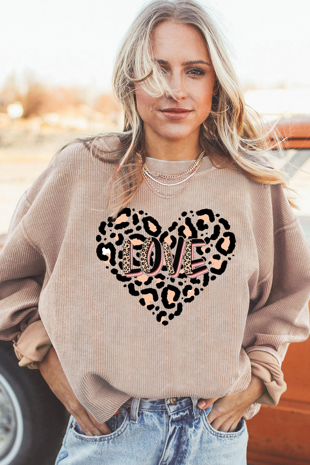 Leopard Heart LOVE Graphic Ribbed Corduroy Oversized Sweatshirt