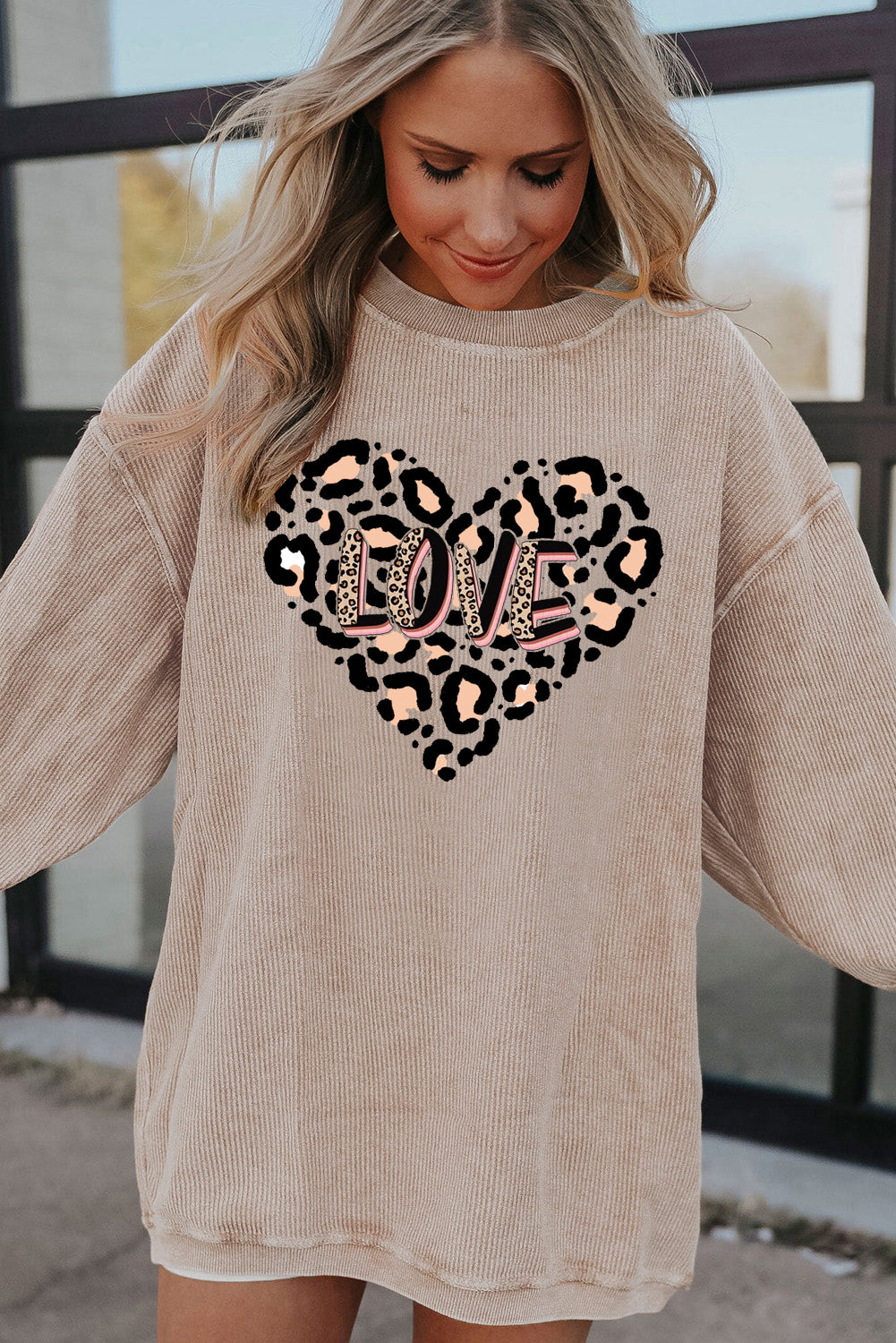 Leopard Heart LOVE Graphic Ribbed Corduroy Oversized Sweatshirt