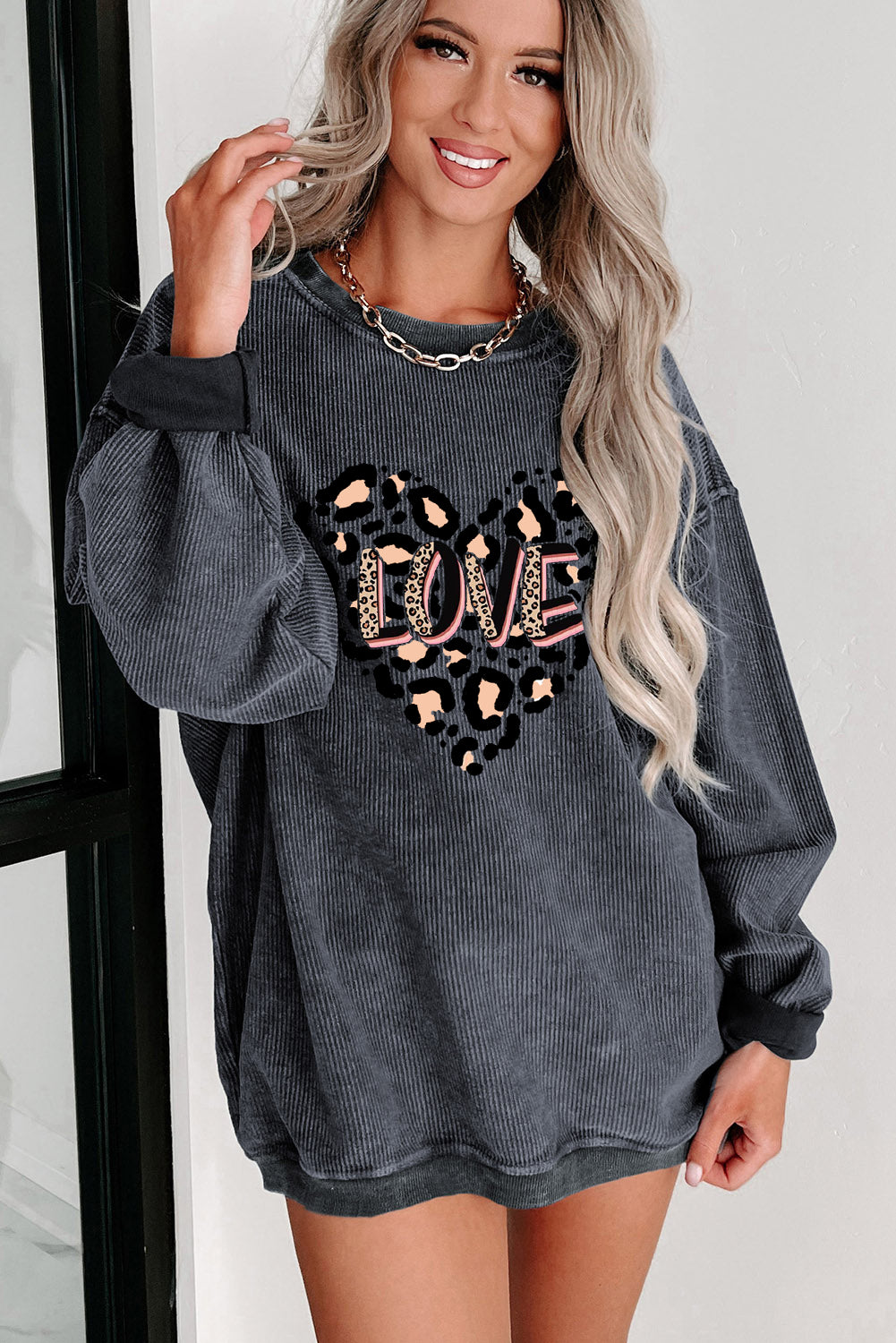 Leopard Heart LOVE Graphic Crew Neck Knit Sweatshirt