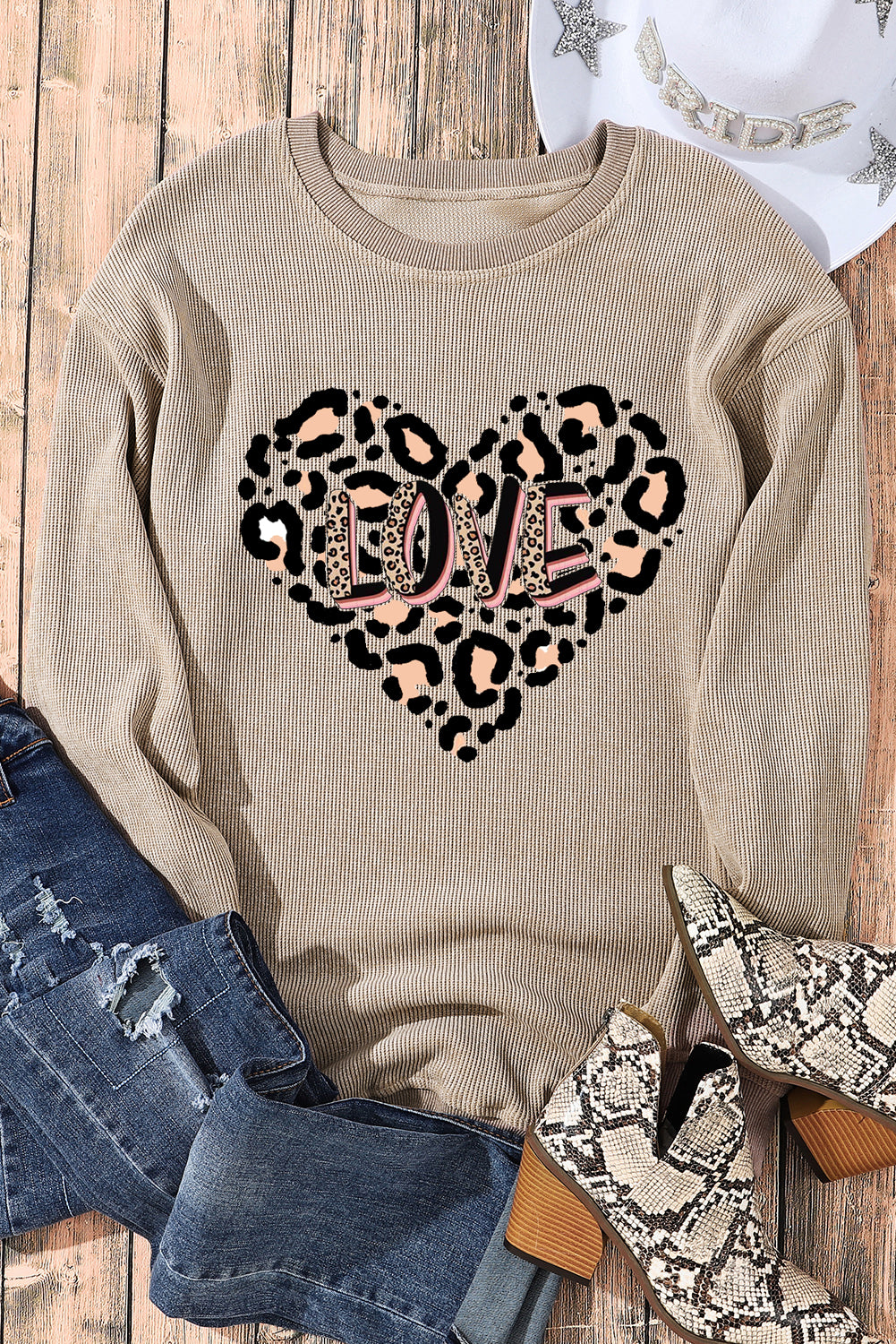 Leopard Heart LOVE Graphic Crew Neck Knit Sweatshirt