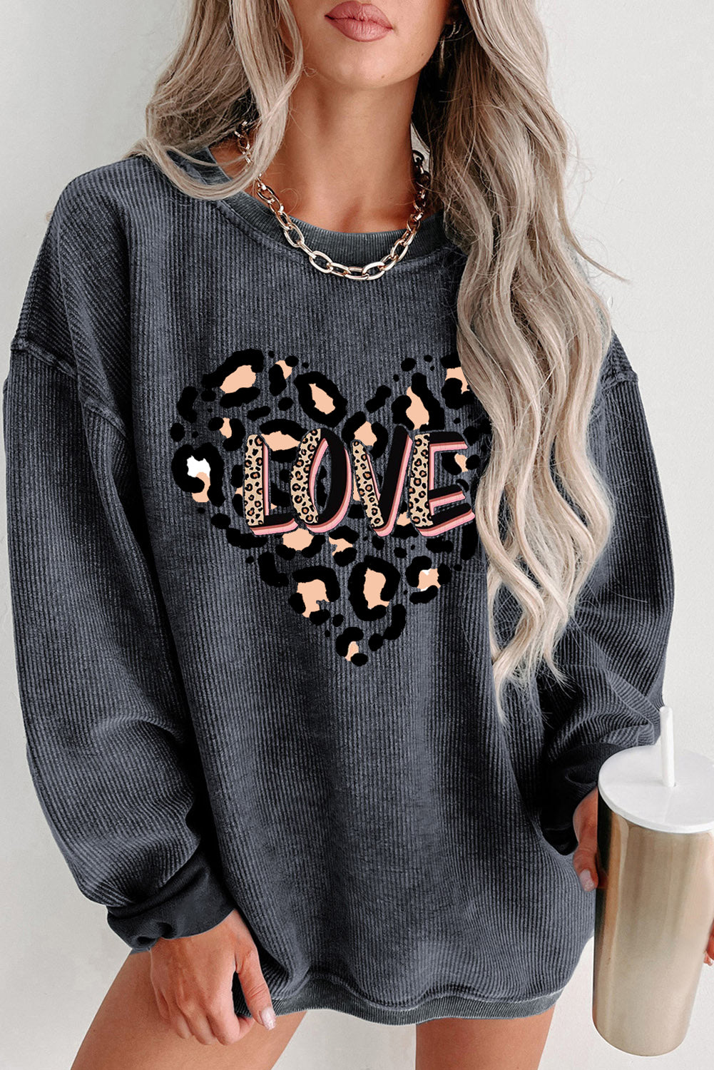 Leopard Heart LOVE Graphic Crew Neck Knit Sweatshirt