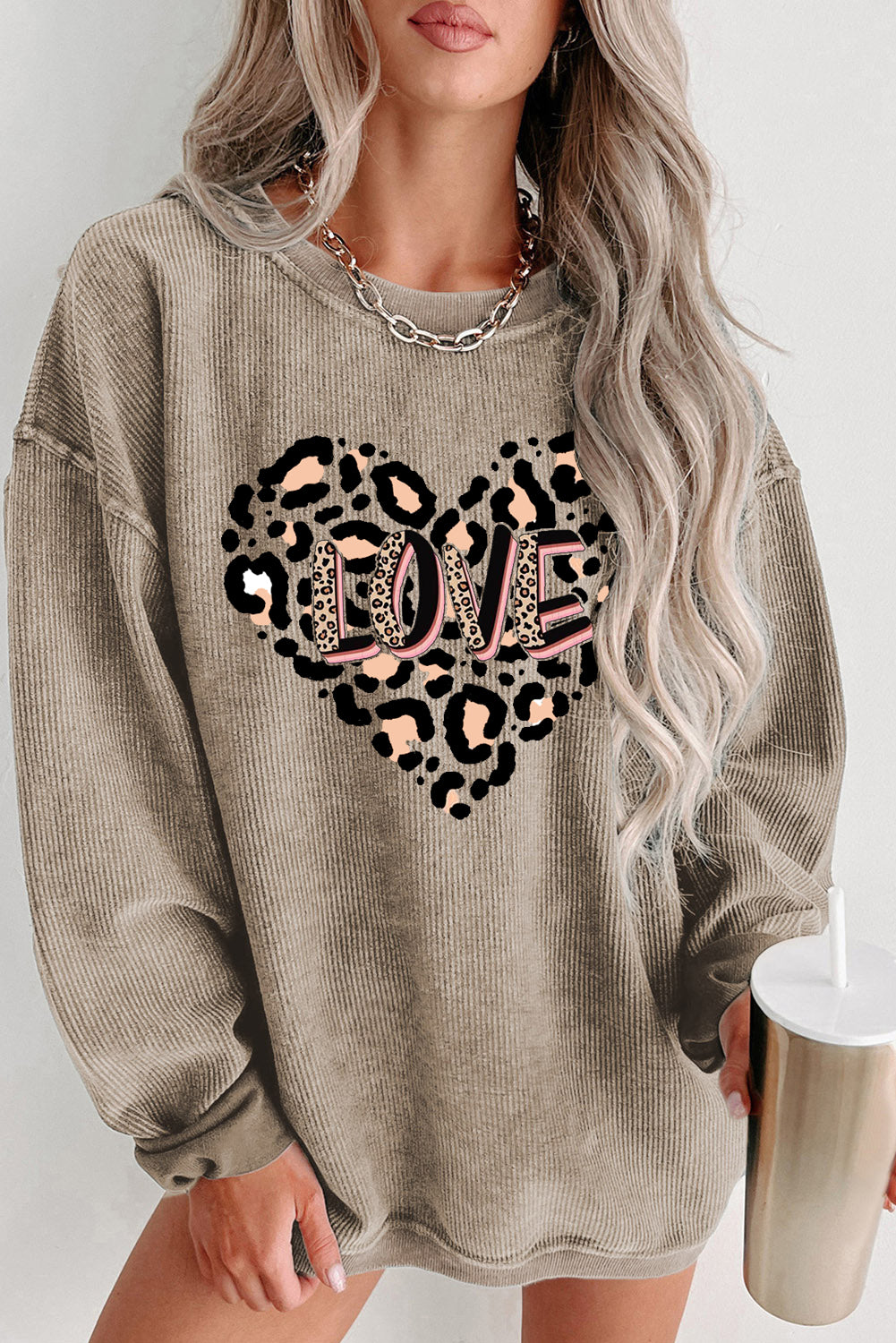 Leopard Heart LOVE Graphic Crew Neck Knit Sweatshirt