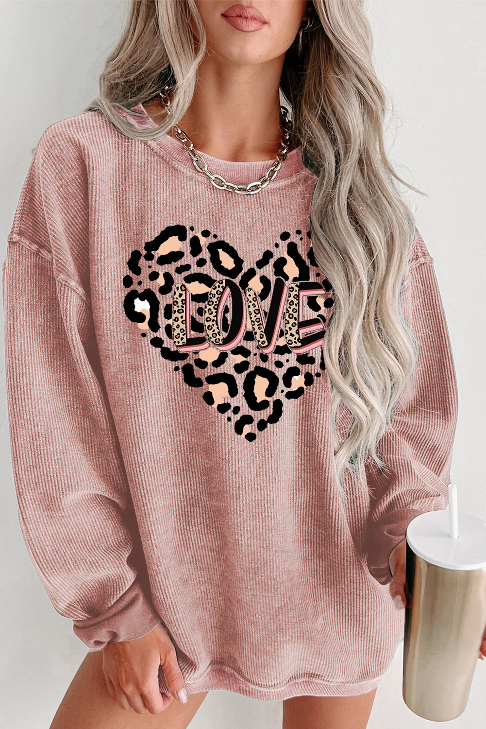 Leopard Heart LOVE Graphic Crew Neck Knit Sweatshirt