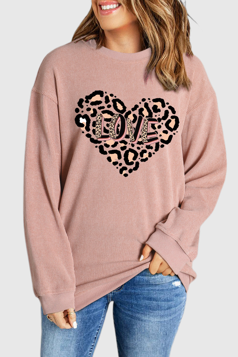 Leopard Heart LOVE Graphic Crew Neck Knit Sweatshirt