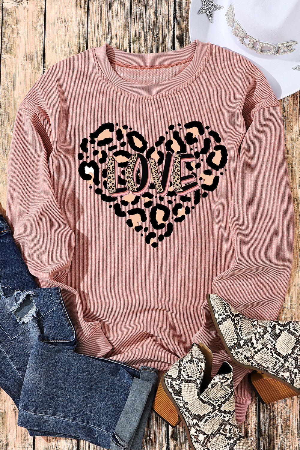 Leopard Heart LOVE Graphic Crew Neck Knit Sweatshirt