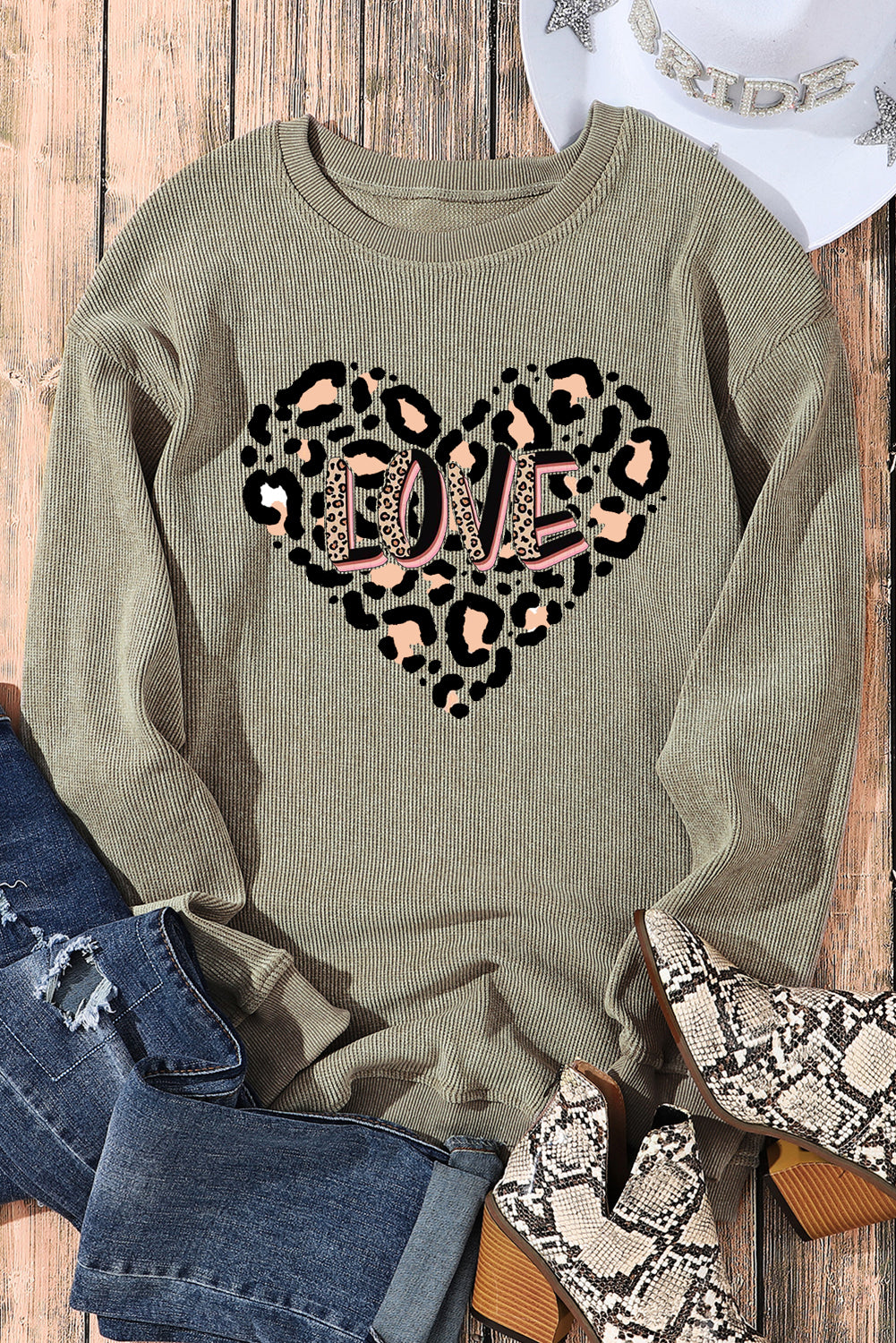 Leopard Heart LOVE Graphic Crew Neck Knit Sweatshirt