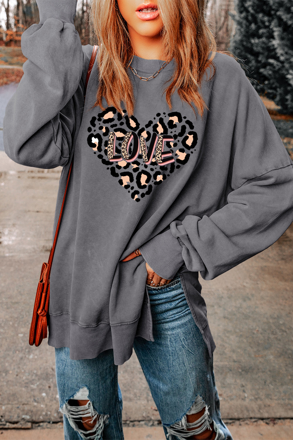 Leopard Heart LOVE Graphic Oversized Drop Shoulder Ribbed Sweatshirt