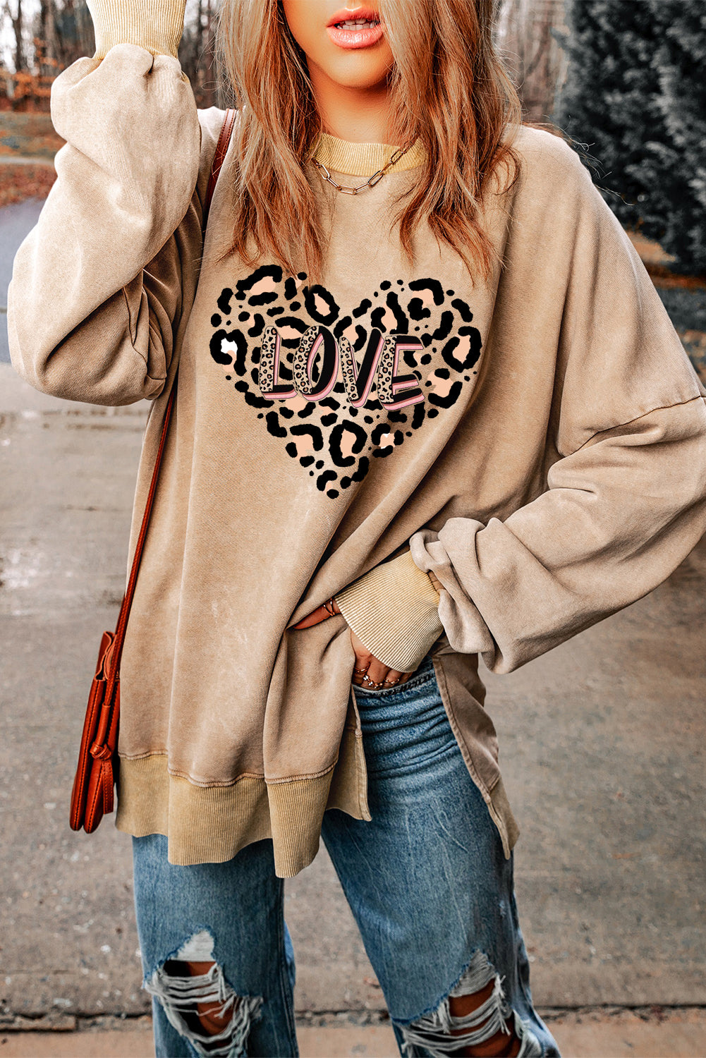 Leopard Heart LOVE Graphic Oversized Drop Shoulder Ribbed Sweatshirt