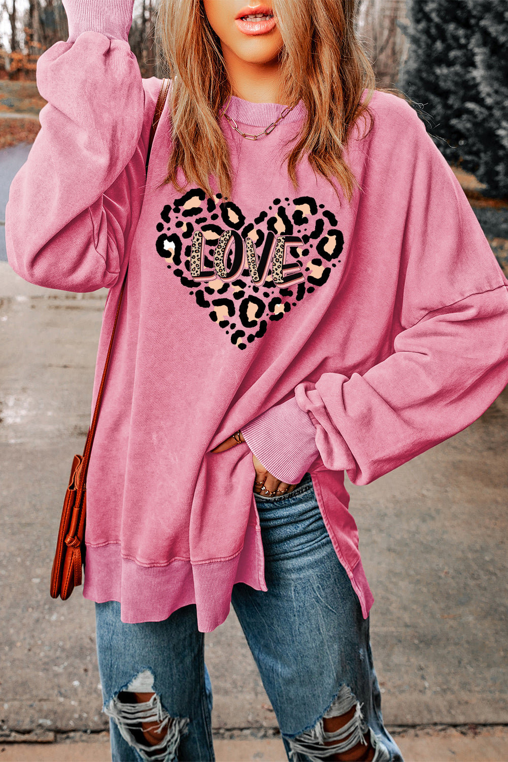 Leopard Heart LOVE Graphic Oversized Drop Shoulder Ribbed Sweatshirt