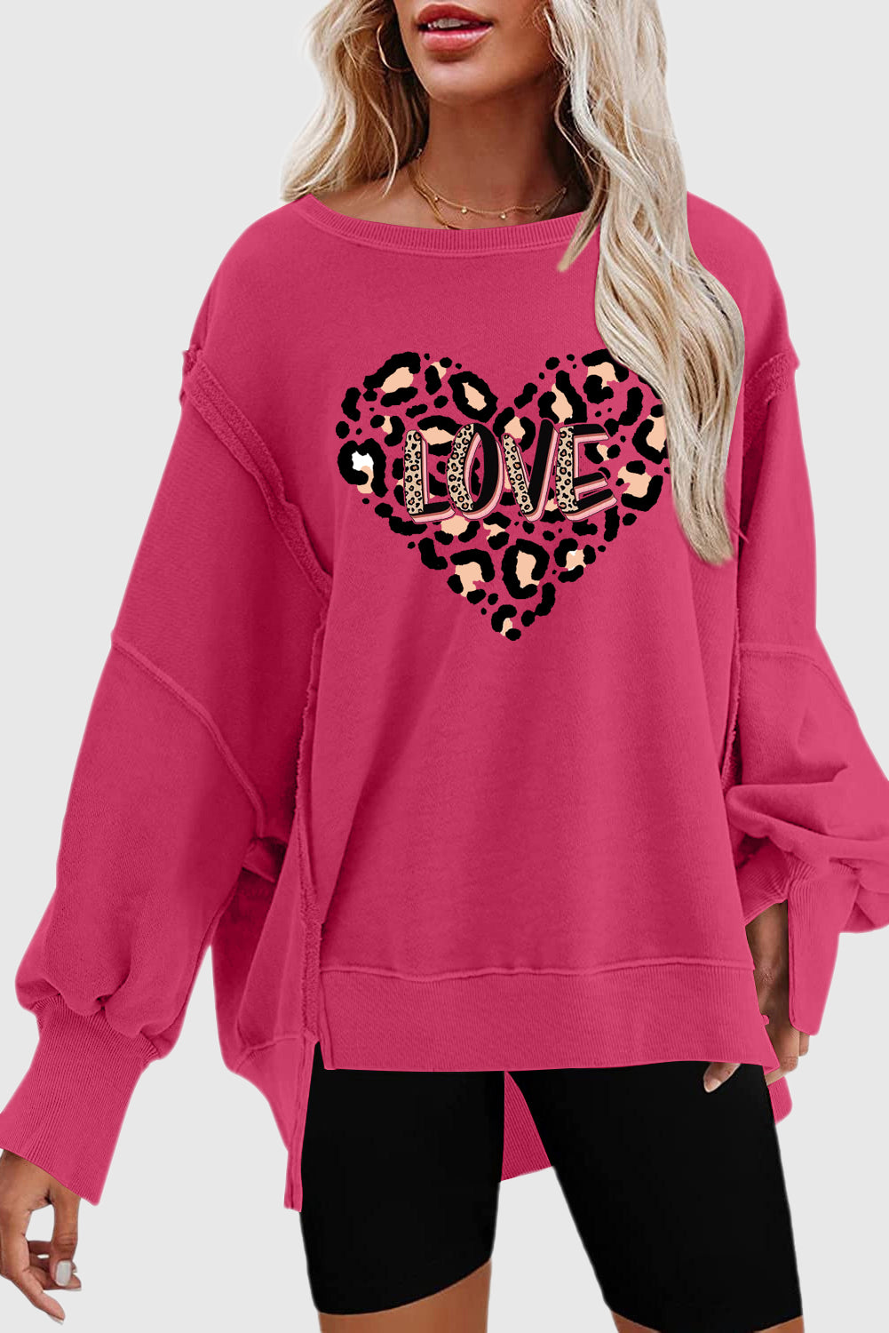 Leopard Heart LOVE Graphic Patchwork Drop Shoulder Sweatshirt