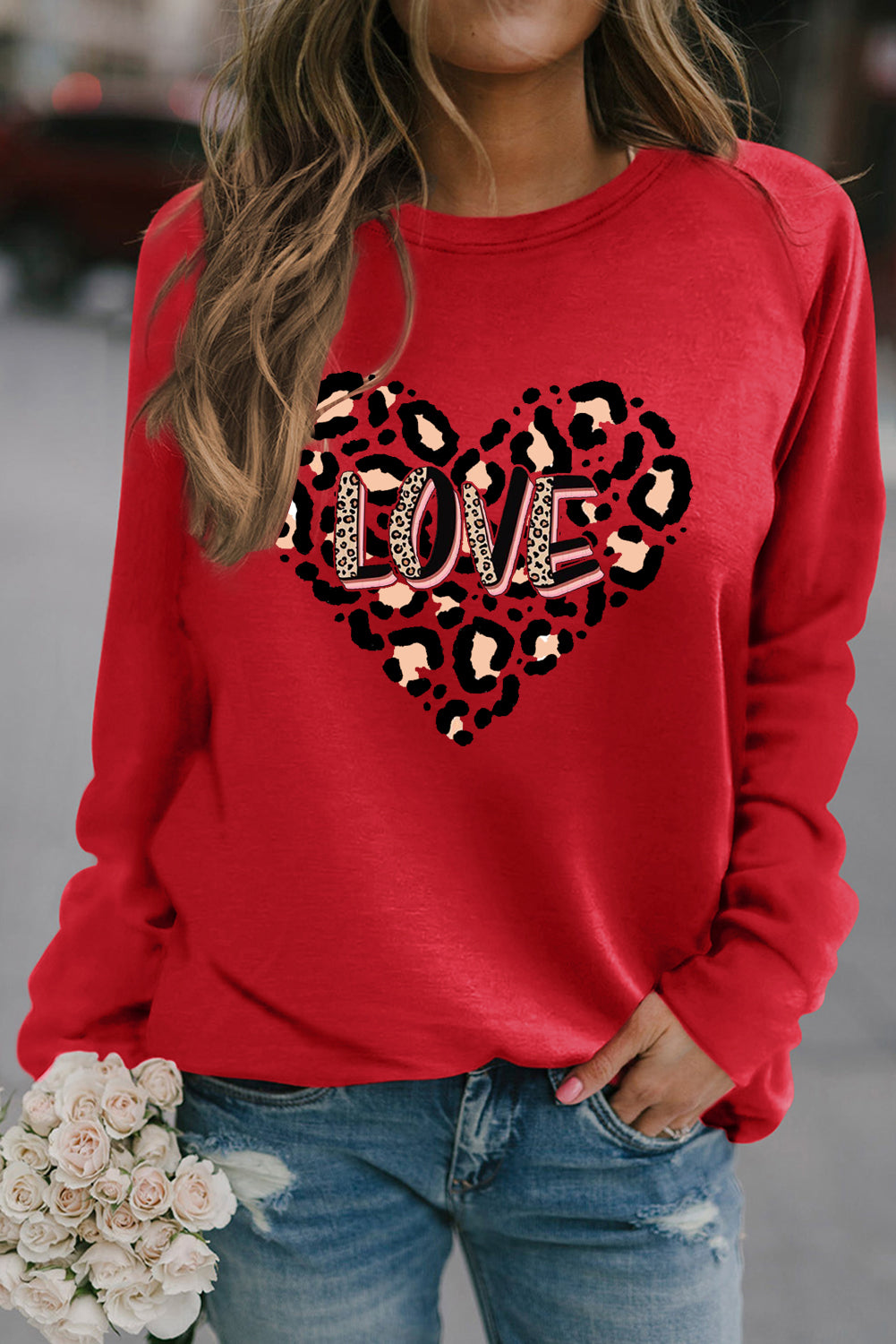 Valentine's Day Leopard Heart LOVE Graphic Crew Neck Sweatshirt