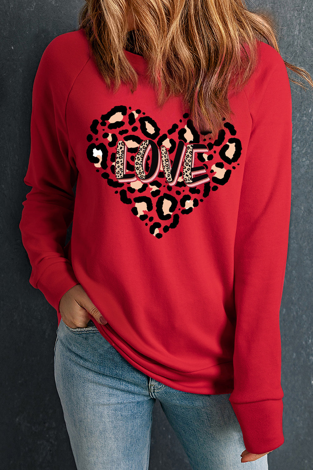 Valentine's Day Leopard Heart LOVE Graphic Crew Neck Sweatshirt