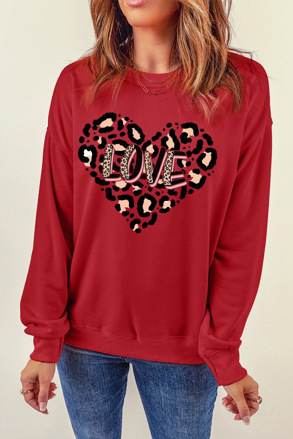 Solid Color Leopard Heart LOVE Graphic Crew Neck Sweatshirt