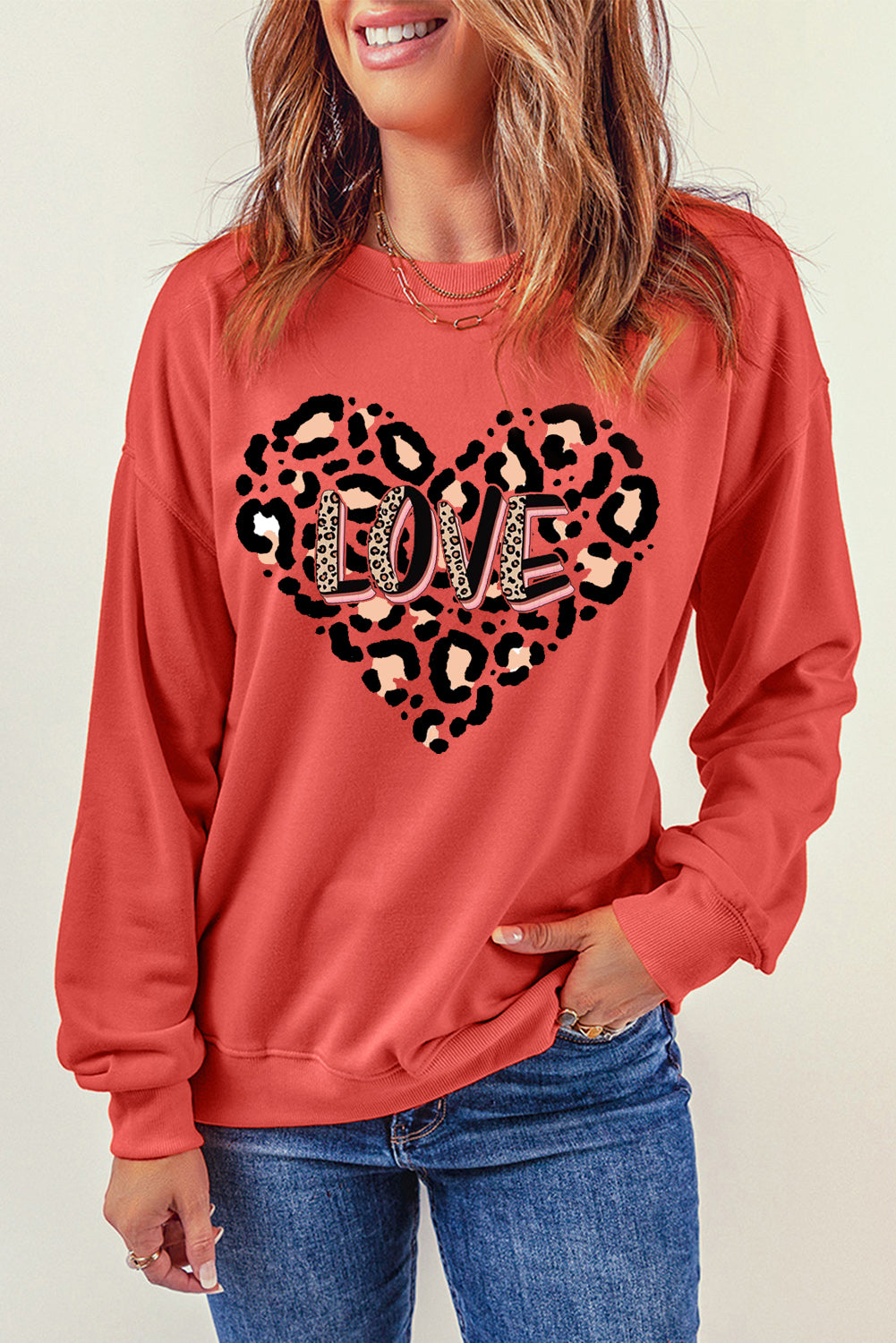 Solid Color Leopard Heart LOVE Graphic Crew Neck Sweatshirt