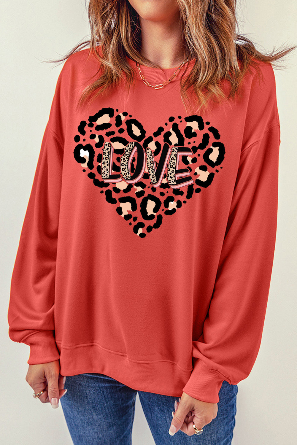 Solid Color Leopard Heart LOVE Graphic Crew Neck Sweatshirt