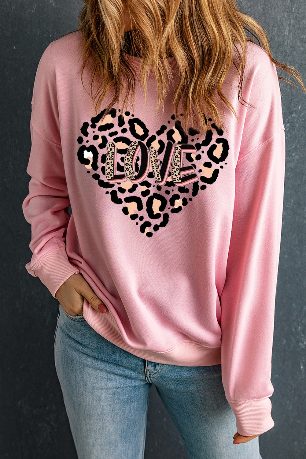 Solid Color Leopard Heart LOVE Graphic Crew Neck Sweatshirt