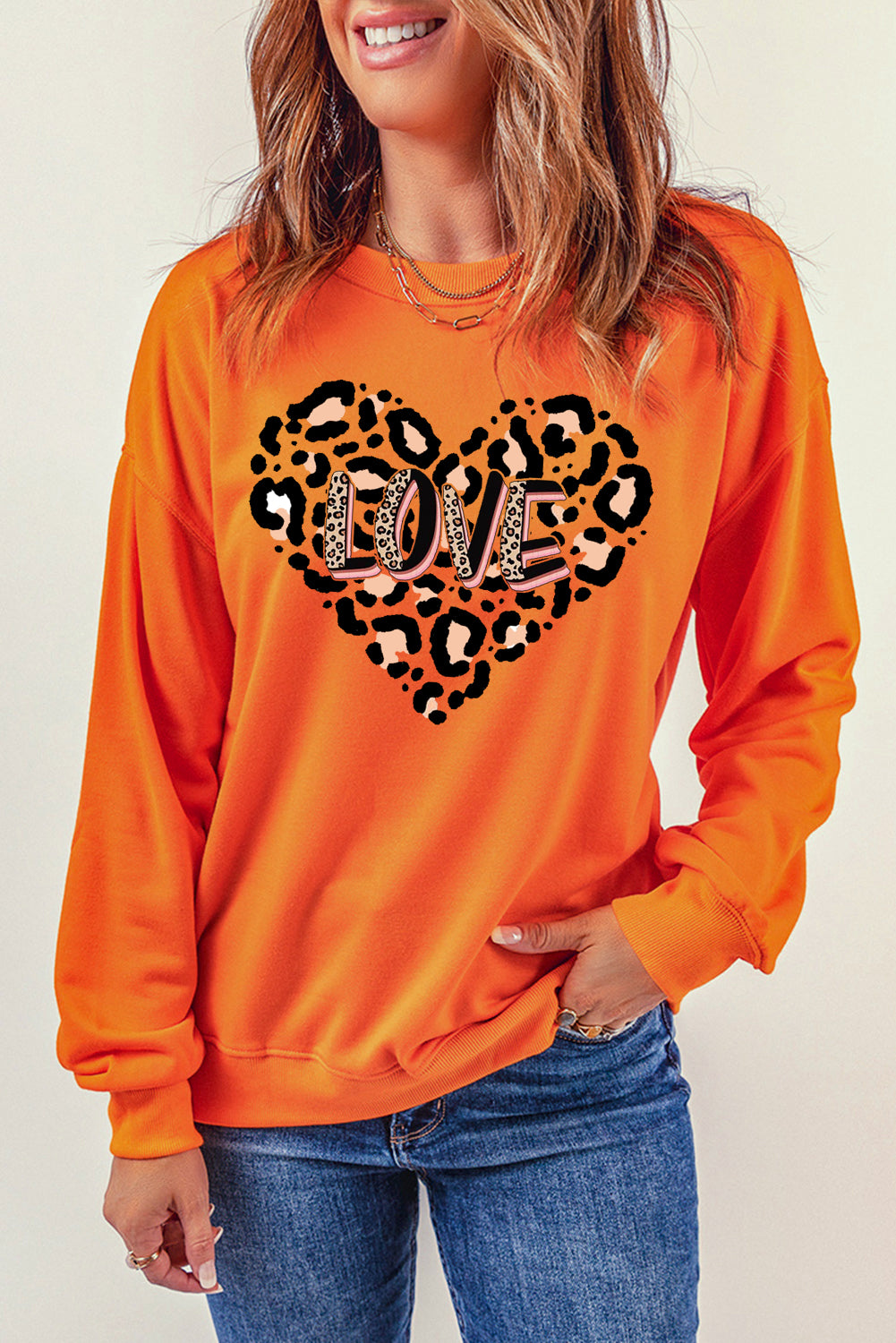 Solid Color Leopard Heart LOVE Graphic Crew Neck Sweatshirt