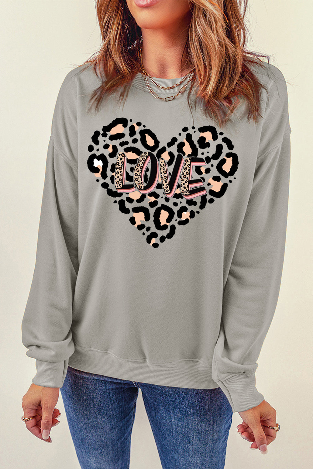 Solid Color Leopard Heart LOVE Graphic Crew Neck Sweatshirt