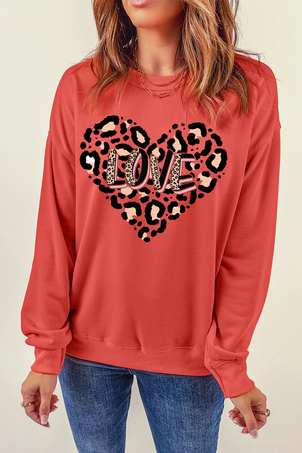 Solid Color Leopard Heart LOVE Graphic Crew Neck Sweatshirt