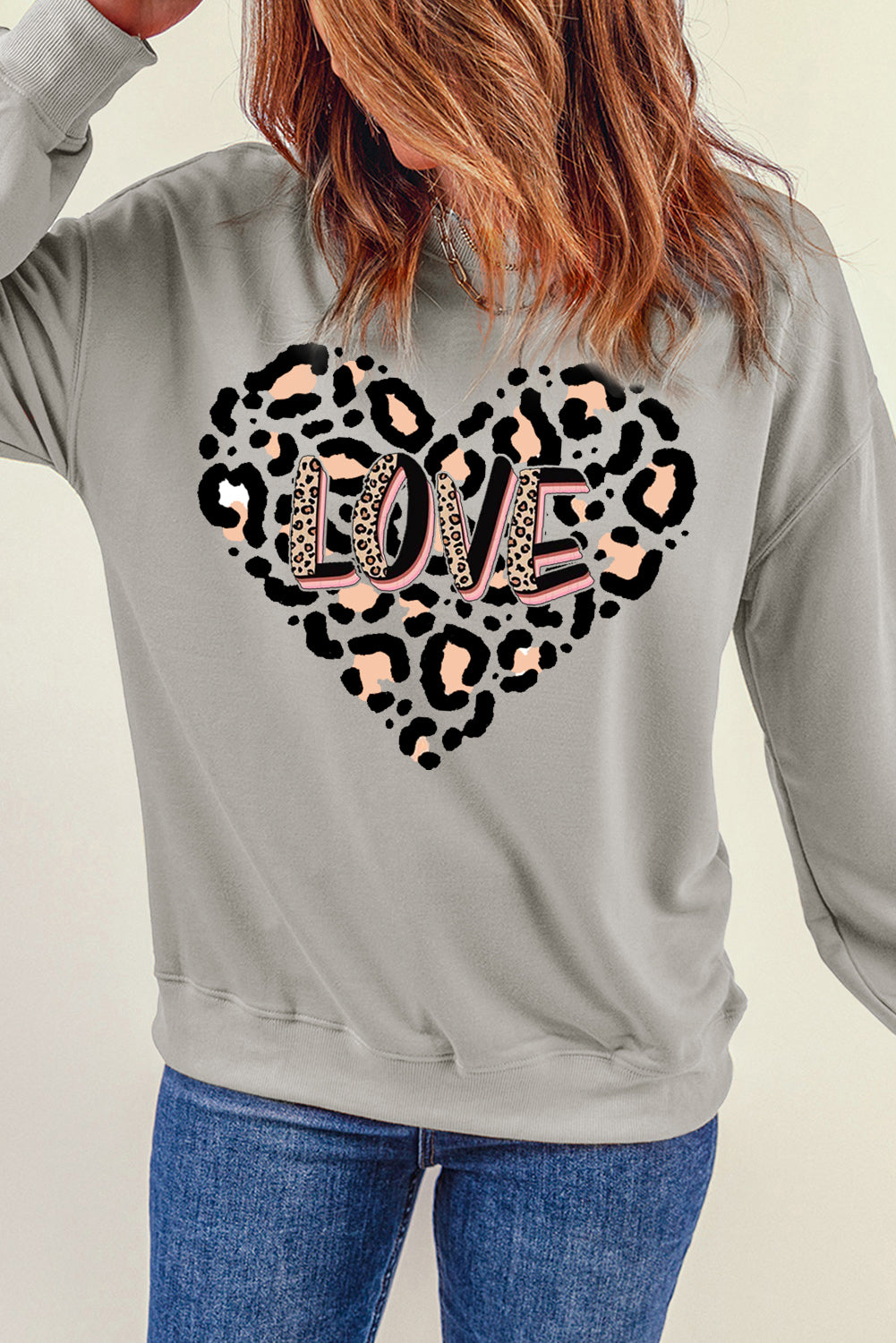 Solid Color Leopard Heart LOVE Graphic Crew Neck Sweatshirt