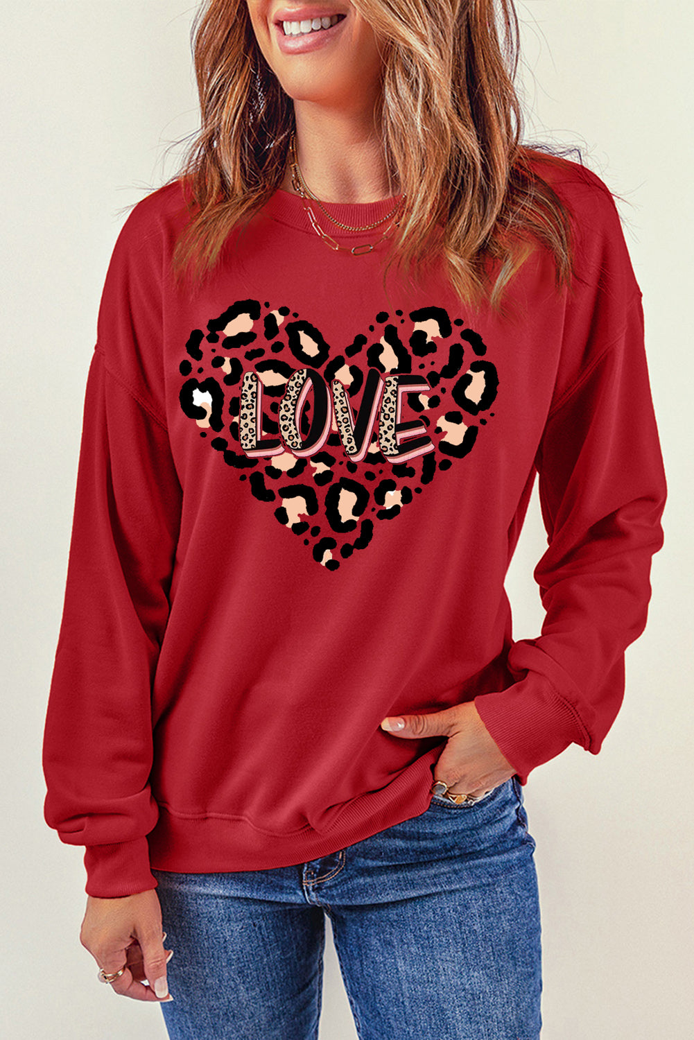 Solid Color Leopard Heart LOVE Graphic Crew Neck Sweatshirt