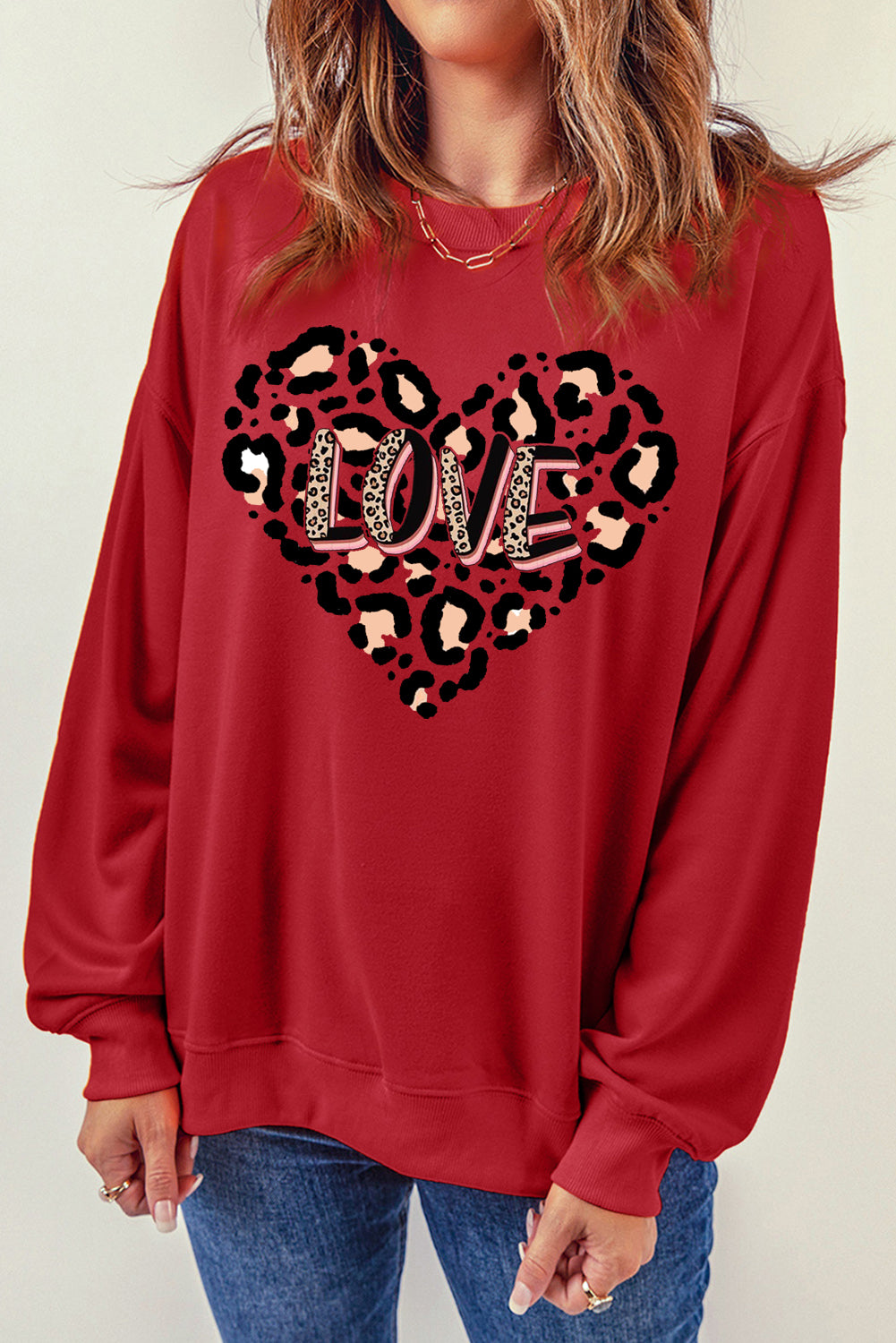 Solid Color Leopard Heart LOVE Graphic Crew Neck Sweatshirt