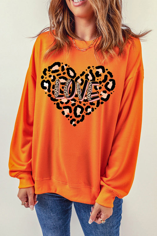 Solid Color Leopard Heart LOVE Graphic Crew Neck Sweatshirt