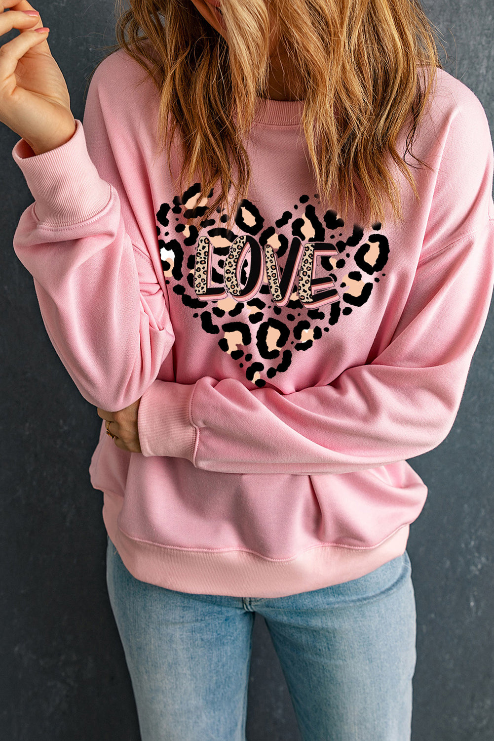 Solid Color Leopard Heart LOVE Graphic Crew Neck Sweatshirt