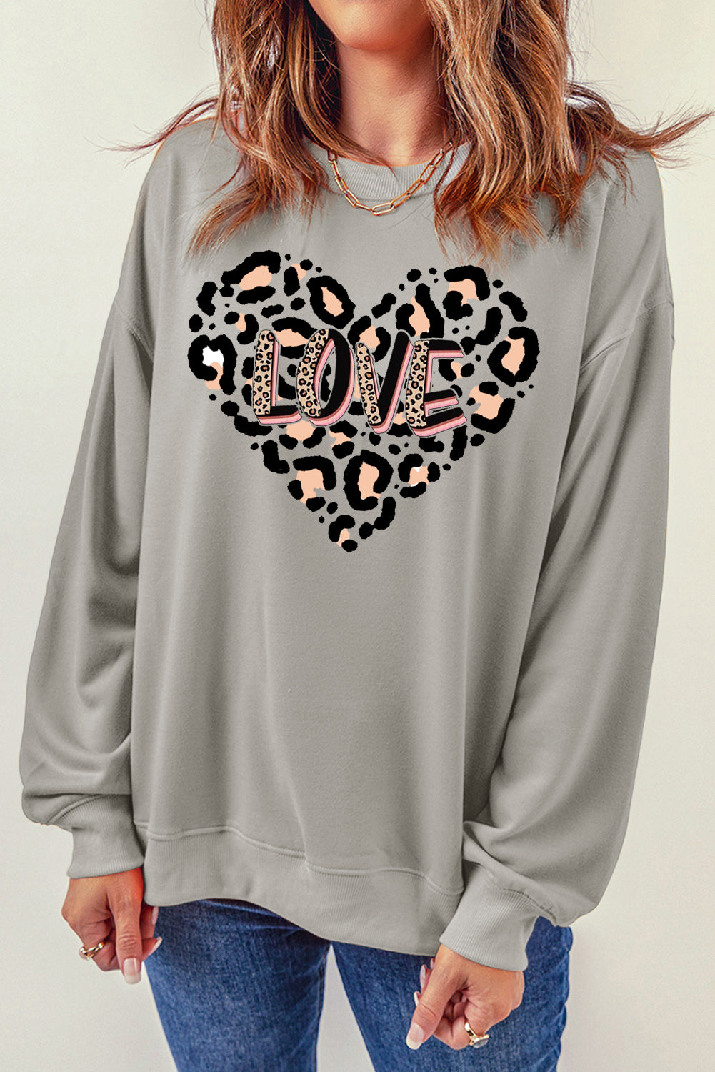 Solid Color Leopard Heart LOVE Graphic Crew Neck Sweatshirt