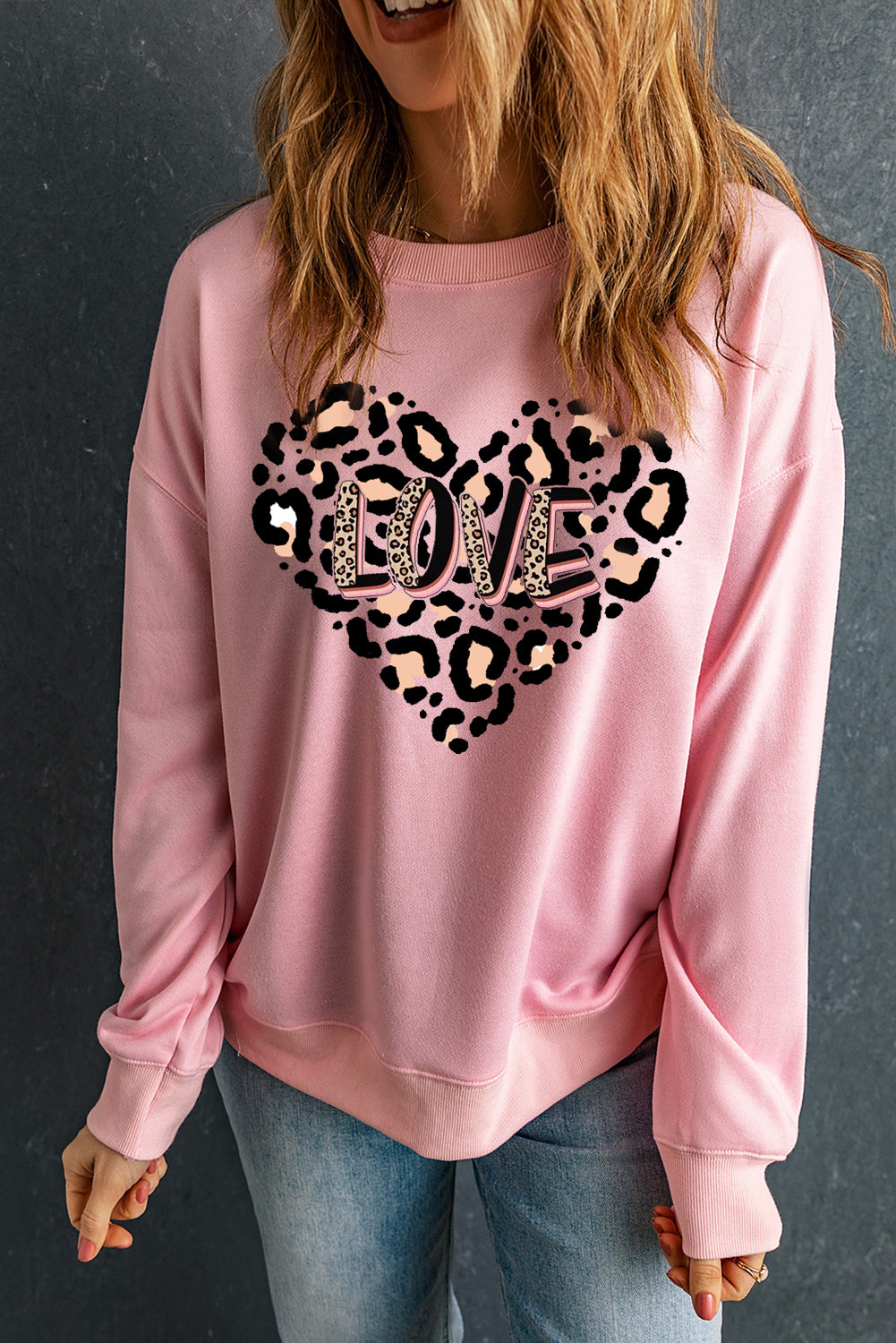 Solid Color Leopard Heart LOVE Graphic Crew Neck Sweatshirt