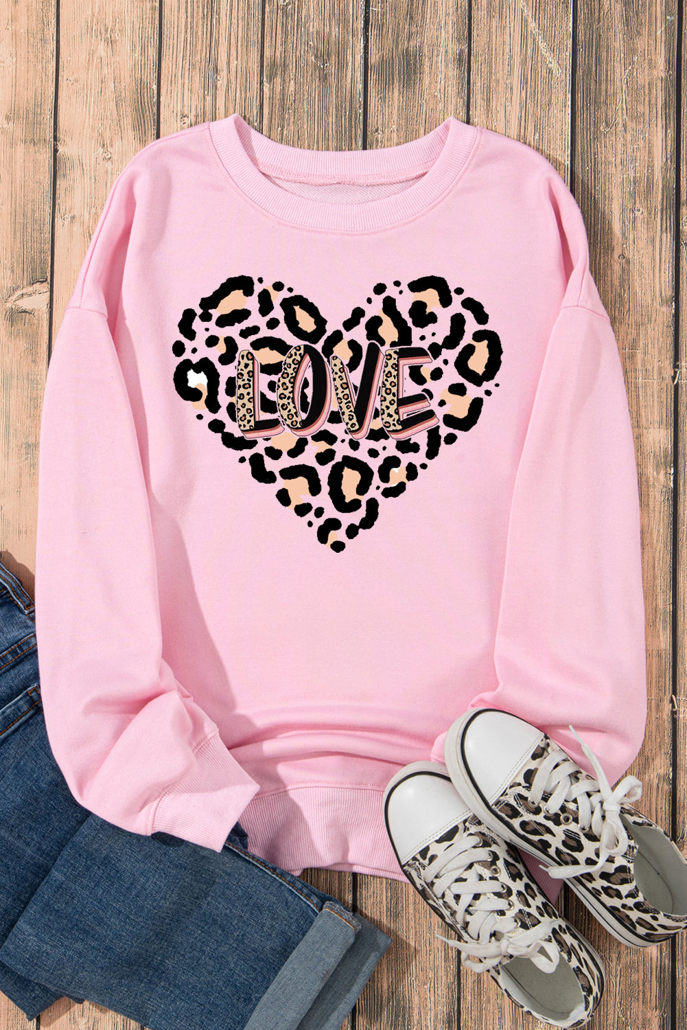 Solid Color Leopard Heart LOVE Graphic Crew Neck Sweatshirt