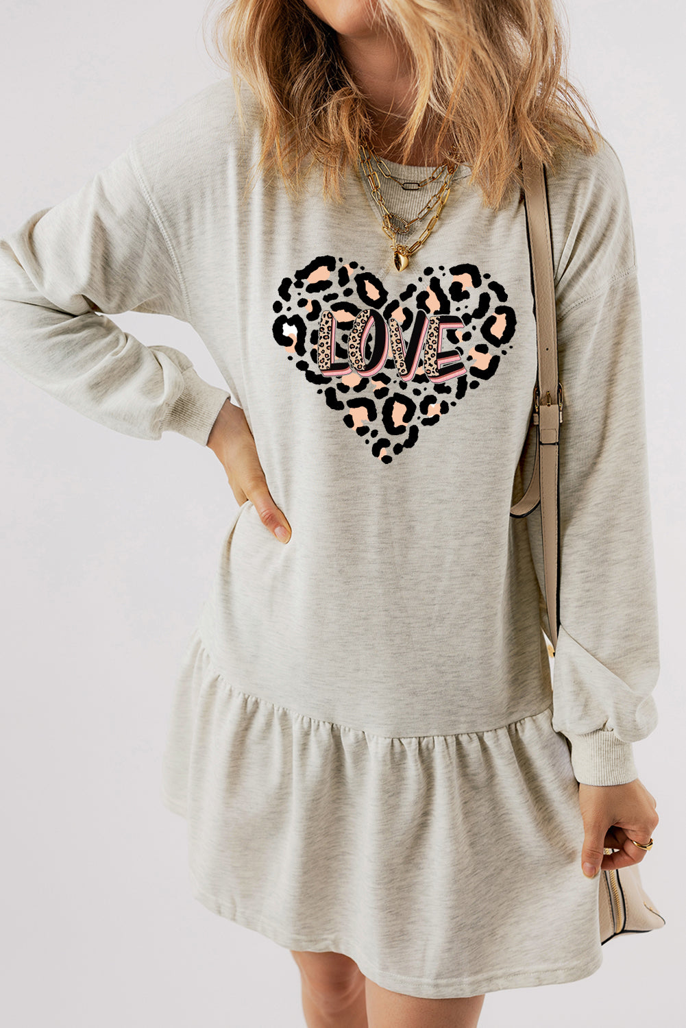 Cute Leopard Heart 'LOVE' Graphic Ruffle Hem Mini Dress