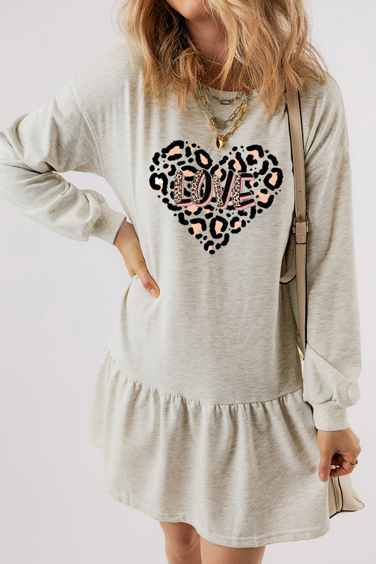 Cute Leopard Heart 'LOVE' Graphic Ruffle Hem Mini Dress