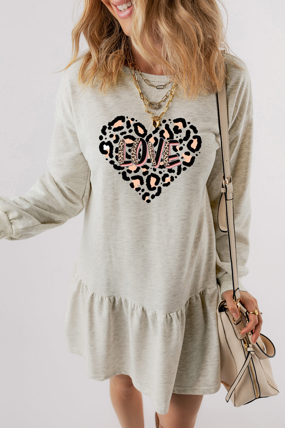 Cute Leopard Heart 'LOVE' Graphic Ruffle Hem Mini Dress