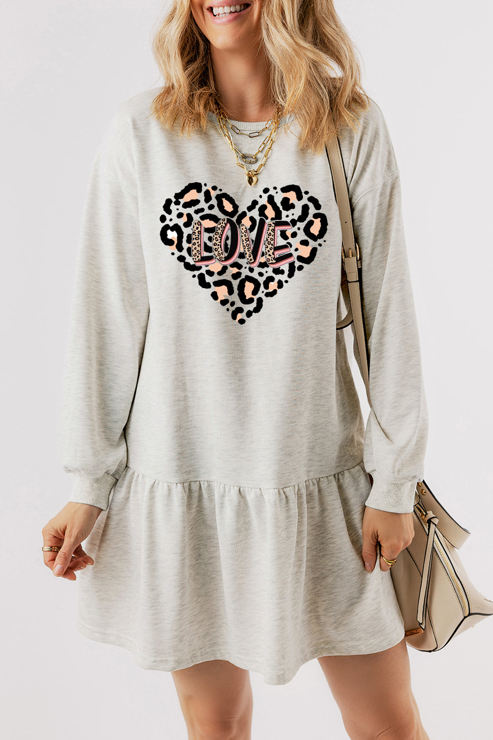 Cute Leopard Heart 'LOVE' Graphic Ruffle Hem Mini Dress