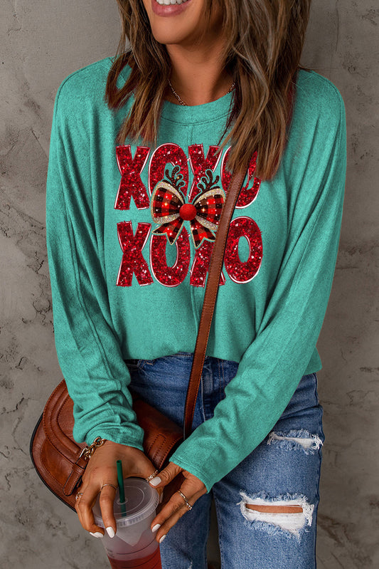 Valentine’s Day XOXO Bow Patchwork Long Sleeve Knit Top