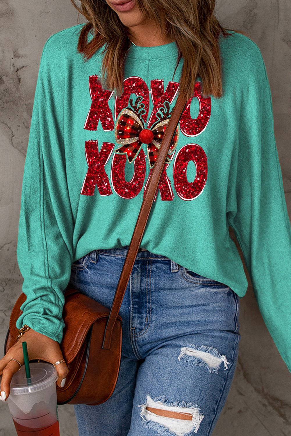 Valentine’s Day XOXO Bow Patchwork Long Sleeve Knit Top